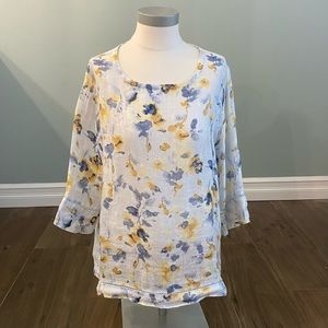 JJILL Linen Pure Jill kimono - white/grayish-blue/gold floral - size M